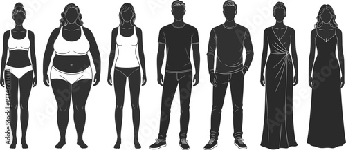 People silhouettes set with different body types and clothing styles, casual wear, evening dresses, athletic underwear, male and female figures.