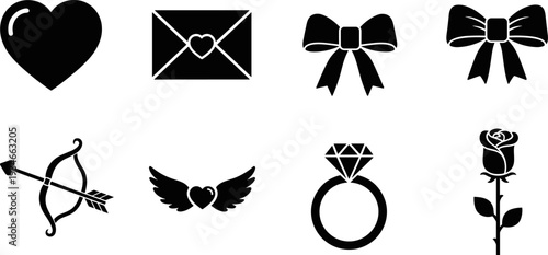 Collection of romantic symbols including heart, envelope, bows, cupid's arrow, ring, and rose