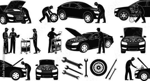 Professional car mechanic silhouette collection, auto repair service icons set, garage workshop maintenance, vehicle diagnostic tools, automobile engine service symbols.