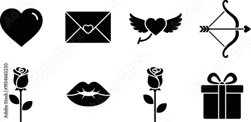 Collection of romantic symbols including heart, rose, lips, gift, and cupid's arrow