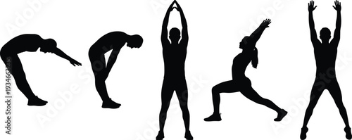 Vector silhouette set of men and women performing various yoga poses, stretching exercises, and fitness workouts isolated on white, background