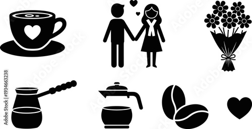 Collection of romantic coffee icons and symbols for love and relationships