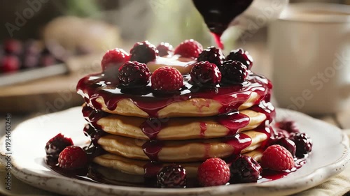 Stack of pancakes with berry compote and syrup