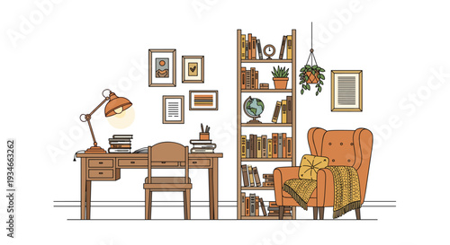 A cozy study room features a vintage wooden desk with a lit lamp, a tall bookshelf, and a comfortable orange armchair with a yellow blanket.