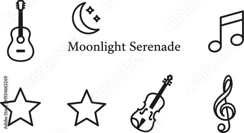 Collection of musical icons and celestial elements with the text Moonlight Serenade