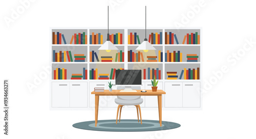 A modern home office setup with a computer desk, a chair, and two large white bookshelves filled with colorful books is illuminated by pendant lights.