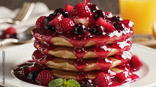 Stack of pancakes with berry sauce and butter on white plate