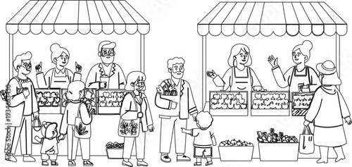 A lively market scene with vendors and customers under awnings.