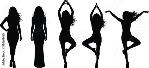 Vector silhouette set of slim women in various poses including standing, dancing, and fashion modeling isolated on white background, group