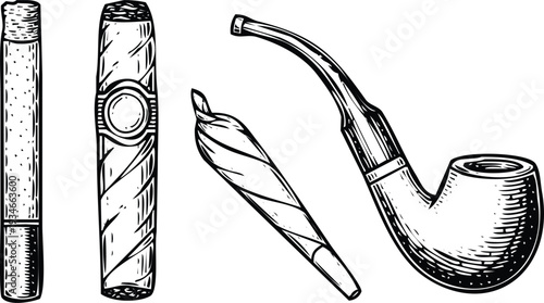 Smoking Accessories: Cigarette Cigar Joint Pipe Hand Drawn Vector Illustration