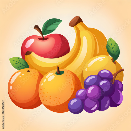 Bright Cartoon Fruit Still Life — Colorful Illustration of Apple, Bananas, Orange, Lemon and Purple Grapes on Soft Beige Background for Food Packaging, Kids’ Art and Healthy Eating Designs