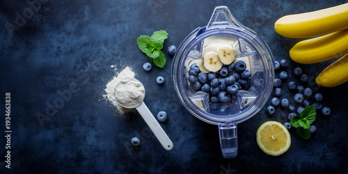 Wallpaper Mural Balanced and healthy nutrition, the moment of preparing a protein shake with a blender, ingredients lying on the table, a banner with copy space for advertising protein, a flat layout of products Torontodigital.ca