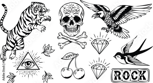 Vector Flash Tattoo Sheet: Eagle Skull Tiger Gems Cherries Swallow Birds All-Seeing Eye