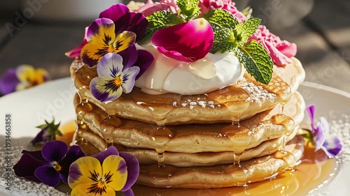Stack of pancakes with flowers and syrup on plate