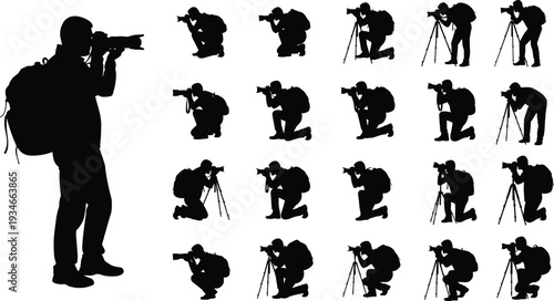 Set of Professional Photographer Silhouettes with Cameras and Tripods Isolated on White Background for Photography Studio and Creative Media Projects
