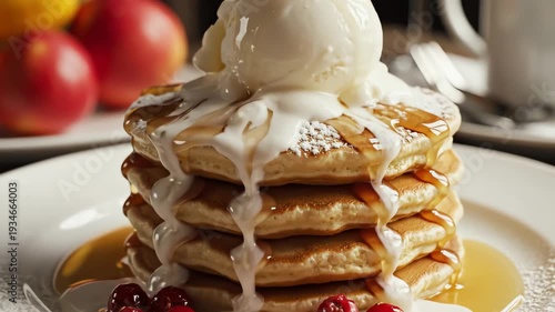 Stack of pancakes with ice cream and syrup dessert