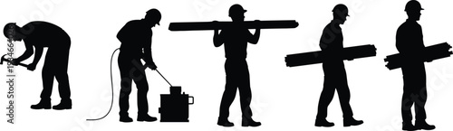 Collection of Construction Worker Silhouettes Carrying Materials and Using Tools Isolated on White Background for Industrial Building and Renovation Projects
