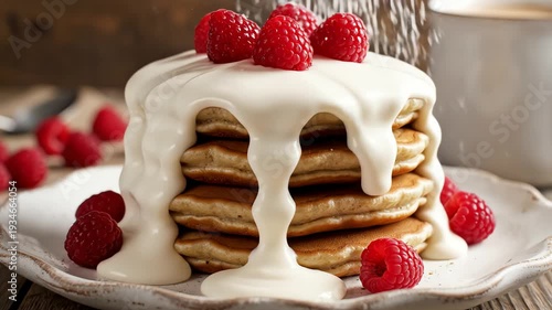 Stack of pancakes with pouring cream close up for breakfast or dessert