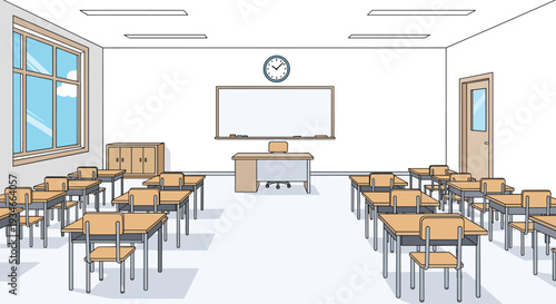 An empty classroom features rows of wooden desks, a whiteboard, a clock, and a large window under bright lighting.