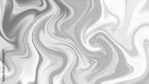 Halftone dot pattern background with abstract swirling wave shapes creating a dynamic and textured visual effect