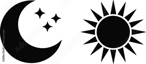 Symbolic representation of moon and sun with celestial elements in black and white Vector
