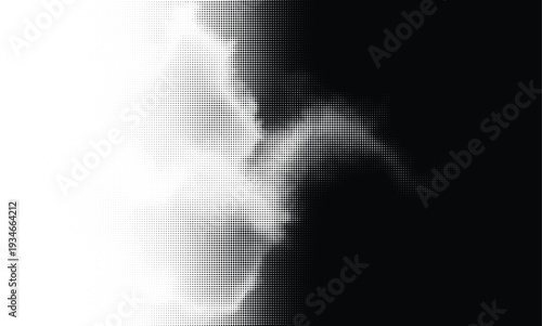 Gradient transition from transparent grid to solid black using a halftone dot pattern with abstract shading