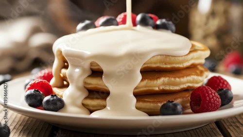Stack of pancakes with syrup and berries on a white plate