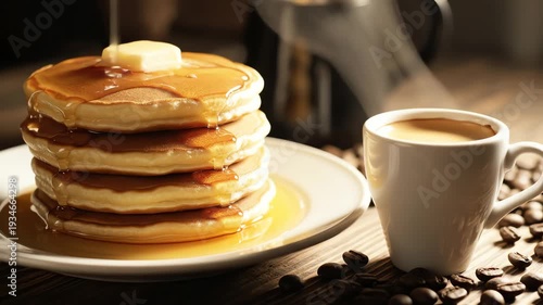 Stack of pancakes with syrup and butter beside coffee cup