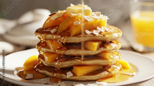 Stack of pancakes with syrup and fruit garnishes on white plate
