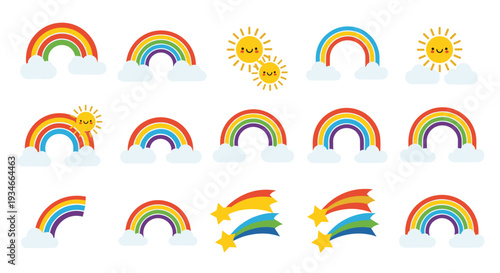 A vibrant collection of fifteen cartoon-style rainbows, smiling suns, and shooting stars is artfully arranged on a clean, light beige background.