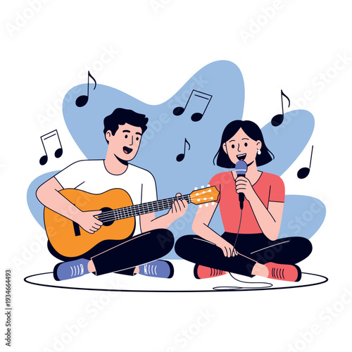Musician sings into a microphone while partner plays an acoustic guitar for casual.