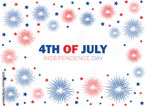 Independence day celebration background with blue and red fireworks and stars