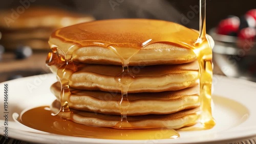 Stack of pancakes with syrup pouring down on white plate