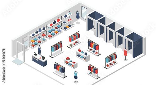 An isometric illustration showcases an empty modern clothing store interior with multiple garment racks, display shelves, and fitting rooms.