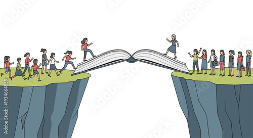 A minimalist illustration shows numerous female figures crossing an open book that bridges two distinct grassy cliffs over a chasm.
