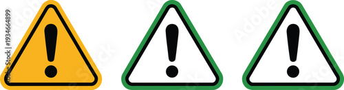 Three triangular warning signs with different border colors and identical exclamation symbols. Vector