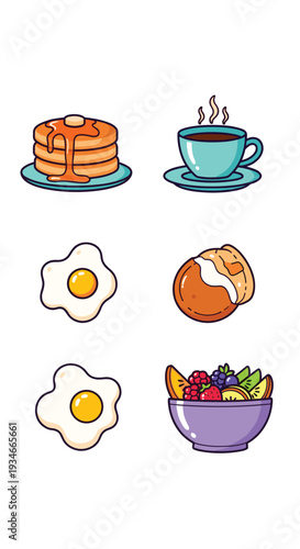 Six distinct, colorful breakfast food icons, including pancakes, coffee, two fried eggs, a croissant, and a fruit bowl, are arranged on a white background.