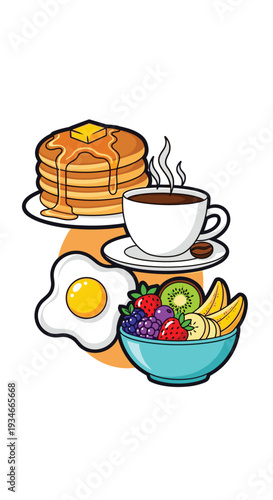 A stylized breakfast composition featuring pancakes, a steaming coffee cup, a fried egg, and a fruit bowl is arranged on a white background.