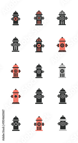 Fifteen stylized fire hydrants in varying shades of black, grey, and coral are neatly arranged in a grid pattern on a clean white background.