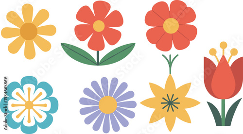 Colorful flat flower collection vector illustration set with modern floral elements, Scandinavian style blooms, decorative botanical icons isolated on white background design