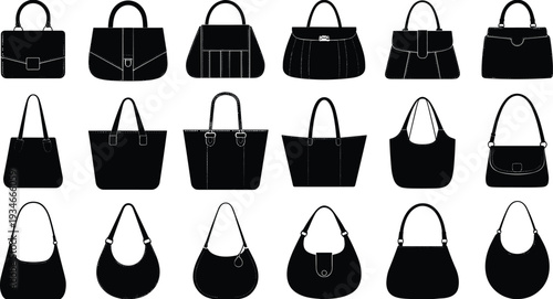 Collection of black women handbag silhouettes icons set, fashion bags vector illustration, isolated purse signs, female accessories, stylish lady handbags.