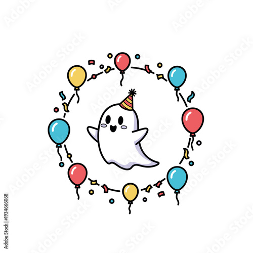 Cuadro en lienzo Cartoon Ghost Wearing Party Hat Surrounded Balloons.