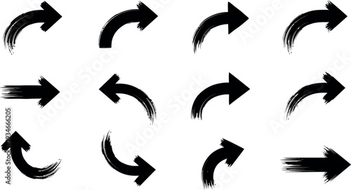 A collection of 12 black arrows with brush stroke effect pointing in various directions on a white background