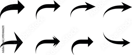 A collection of eight black arrows with varying directions and angles on a white background