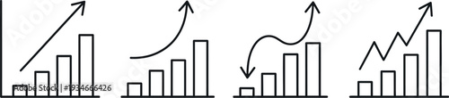 A collection of four bar graphs with arrows indicating growth and trends in data analysis and business statistics
