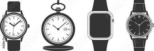Collection of classic and modern watch silhouettes, wristwatch and pocket watch icons set, smart watch vector illustration, isolated time symbols.