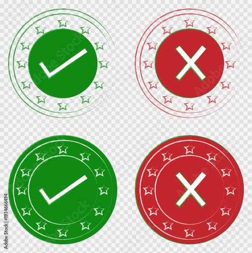 Set of 4 Grunge Green Check Mark and Red X Stamp Vector Icons