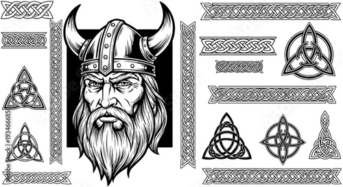 Viking warrior illustration with Celtic knotwork designs and symbols.
