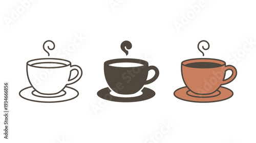 Coffee Cups with Steam on White Background, Vector Illustration