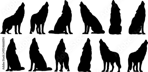 Collection of wolf silhouettes in various howling and sitting positions silhouette